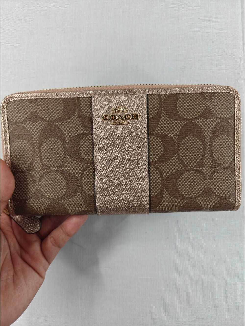 Coach F54630 Signature PVC Accordion Zip Wallet Khaki Rose Gold MSRP $250